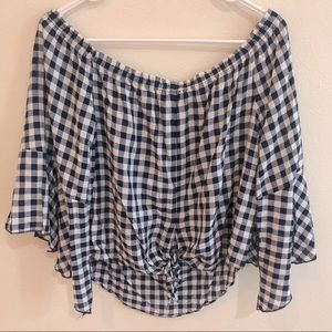 Aakaa Off-The-Shoulder Gingham Long Sleeve Blouse